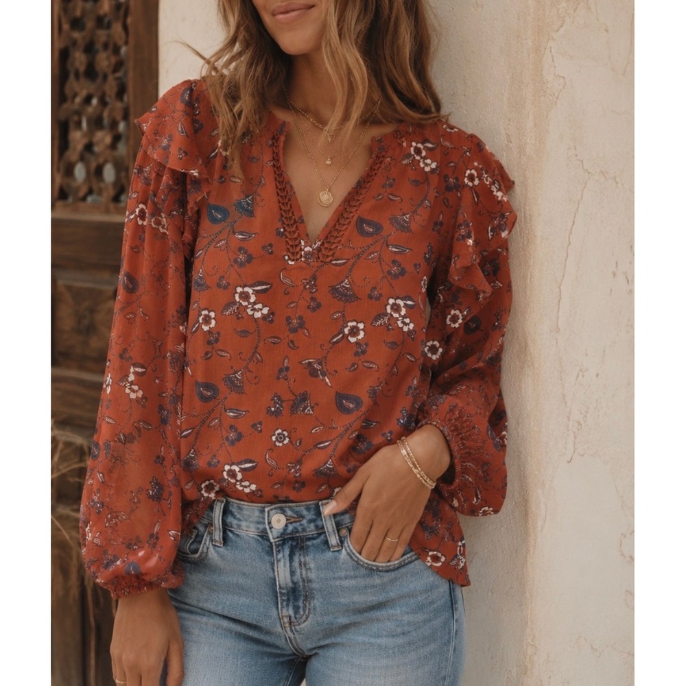 Loft sz M Ruffled Sheer Rust Red Floral Embroidered Crochet Blouse Top Bohemian
